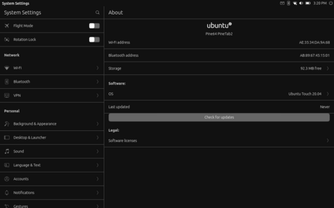 The settings panel